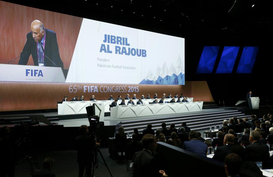 Al Rajoub, President of Palestinian Football Association, addresses the 65th FIFA Congress in Zurich