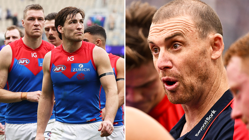 Melbourne great David Schwarz has taken aim at coach Simon Goodwin (pictured right) for not playing a specialised ruckman in his team's 50-point thrashing to Fremantle. (Getty Images)