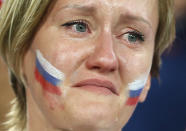 <p>A Russia’s fan cries after Russia’s loss in the quarterfinal match between Russia and Croatia at the 2018 soccer World Cup in the Fisht Stadium, in Sochi, Russia, Saturday, July 7, 2018. (AP Photo/Darko Bandic) </p>