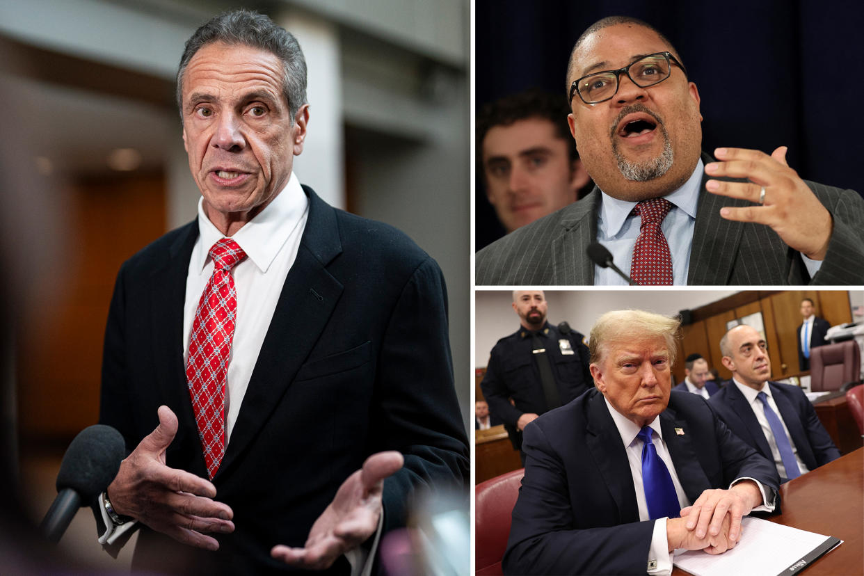 Pictures of Cuomo, Bragg and Trump.