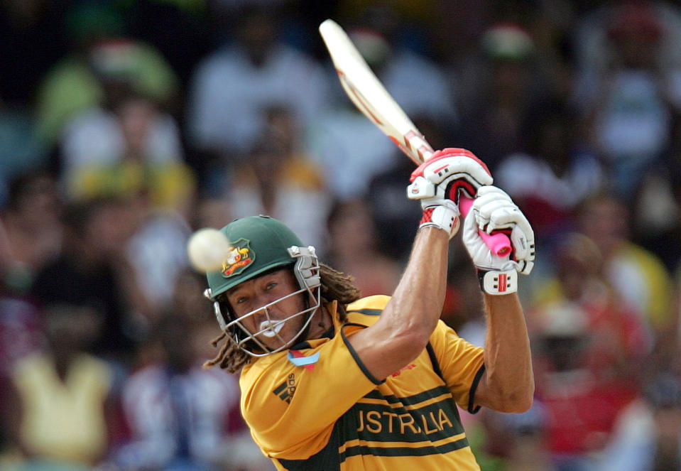 FILE - Australia's batsman Andrew Symonds bats during the Cricket World Cup final between Australia and Sri Lanka at the Kensington Oval in Bridgetown, Barbados, on April 28, 2007. The former Australian test cricketer was killed in an auto crash near Townsville in northeast Australia on Saturday night, May 14, 2022, Cricket Australia said. He was 46. (AP Photo/Themba Hadebe, File)