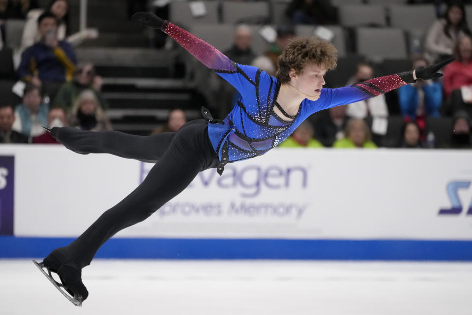 FILE - Ilia Malinin performs during the men's free skate at the U.S. figure skating championships in San Jose, Calif., Sunday, Jan. 29, 2023. The 18-year-old American wunderkind used his title at Skate America last fall as a springboard to a groundbreaking year at the senior level, which included becoming the first skater ever to land the quadruple axel in competition. (AP Photo/Tony Avelar, File)