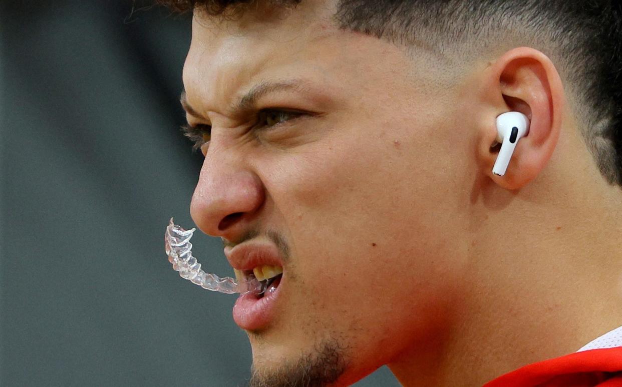 Kansas City Chiefs quarterback Patrick Mahomes sat on the bench before the Super Bowl