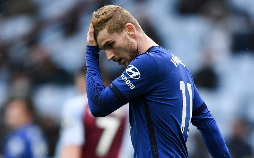 Timo Werner holds his head while playing for Chelsea