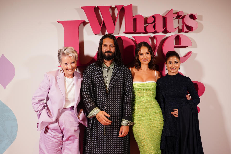 (left to right) Dame Emma Thompson, Shazad Latif, Lily James and Sajal Ali attend the UK premiere of What's Love Got to Do with It? at the Odeon Luxe in London. Picture date: Monday February 13, 2023. (Photo by Ian West/PA Images via Getty Images)