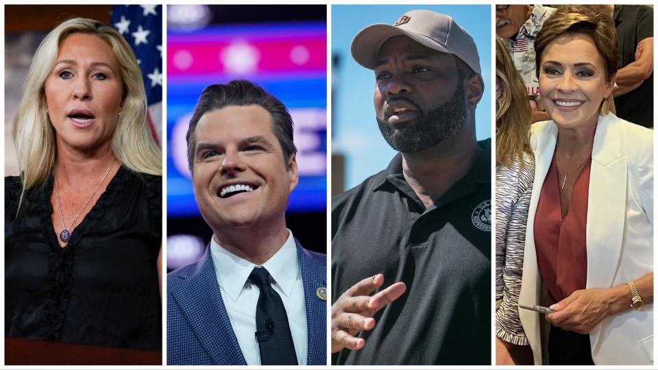 Georgia Rep. Marjorie Taylor Greene (left), Florida Reps. Matt Gaetz and Byron Donalds, and former Arizona gubernatorial candidate Kari Lake are expected to be in attendance at the first GOP presidential debate in Milwaukee on Wednesday, Aug. 23, 2023.