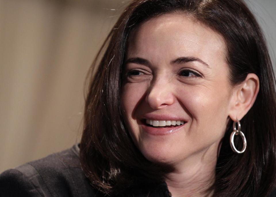 FILE - In this Thursday, April 7, 2011, file photo, Sheryl Sandberg, Facebook's chief operating officer, speaks at a luncheon for the American Society of News Editors in San Diego. (AP Photo/Gregory Bull, File)