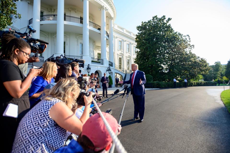 President Donald Trump discusses on Sept. 22, 2019, his conversation with Ukrainian President Volodymyr Zelensky about former Vice President Joe Biden.