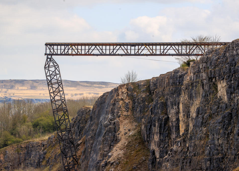 A train track at a quarry near Stoney Middleton in Derbyshire, that has been reported as a location for the latest Mission: Impossible film. Mission: Impossible star Tom Cruise has been filling action scenes on top of a moving mock steam locomotive in the North York Moors in recent days. Picture date: Sunday April 25, 2021. (Photo by Danny Lawson/PA Images via Getty Images)