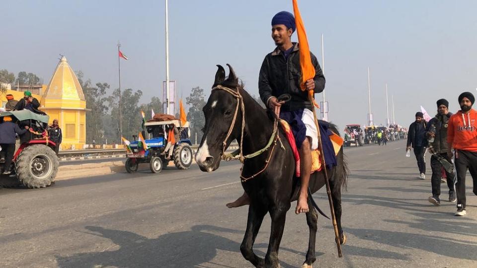 Nihang horsemen near the Singhu border.