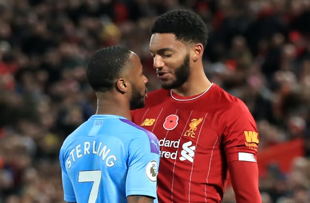 Manchester City forward Raheem Sterling and Liverpool defender Joe Gomez clash at Anfield. Sterling admitted "emotions got the better" of him following the altercation with England team-mate Gomez during City's 3-1 defeat. The incident cost Sterling a place in Gareth Southgate's squad for a Euro 2020 qualifier against Montenegro