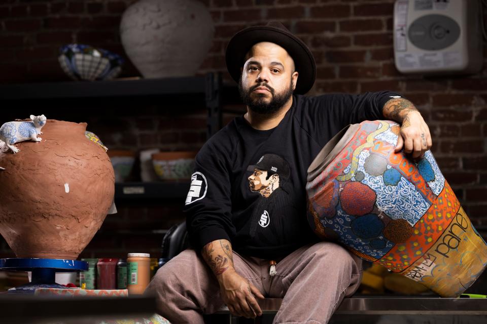 For two weeks, Roberto Lugo will work in residency at the Cincinnati Art Museum, creating ceramics in a gallery adjacent to his finished pieces.