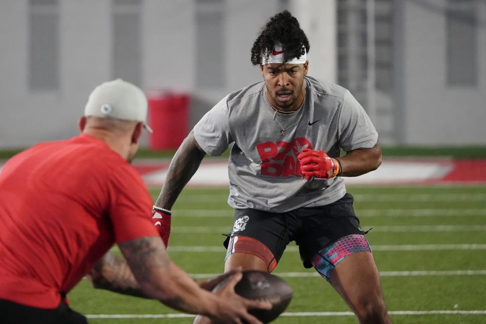 Mar 20, 2024; Columbus, Ohio, USA; Ohio State Buckeyes linebacker Steele Chambers works out during Pro Day at the Woody Hayes Athletic Center.