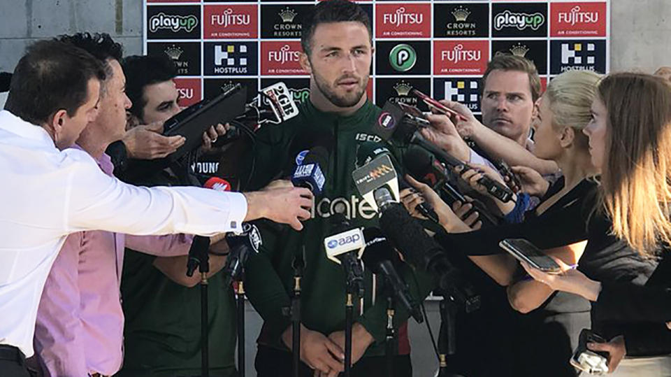 Sam Burgess fronts a media pack in Redfern. Pic: Twitter/Tom Penistone