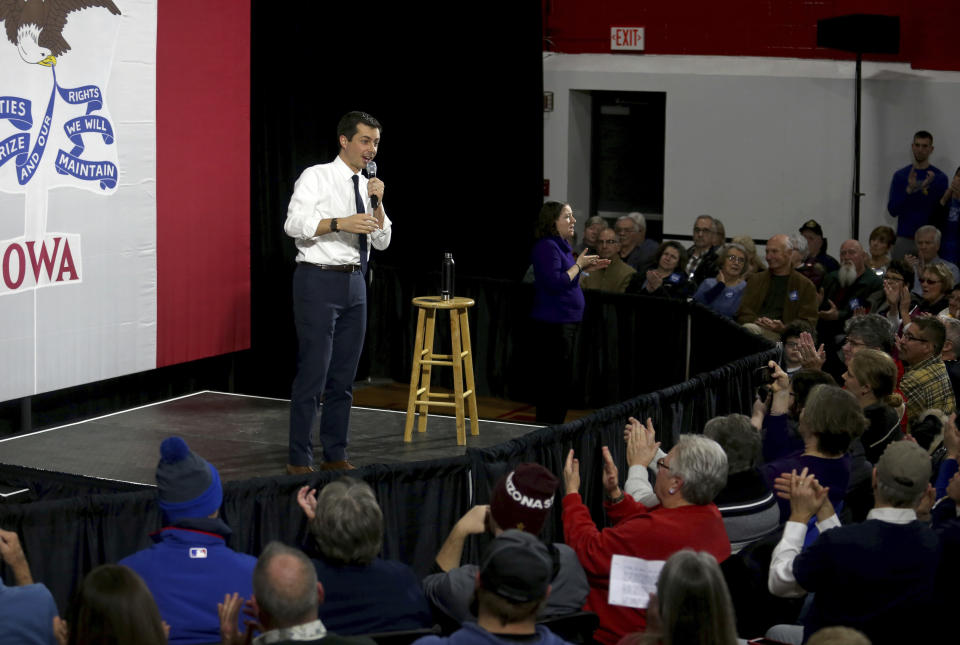 Democratic presidential candidate South Bend, Ind. Mayor Pete Buttigieg speaks during a campaign stop at Maquoketa Middle School in Maquoketa, Iowa, Monday, Dec. 30, 2019. (Eileen Meslar/Telegraph Herald via AP)