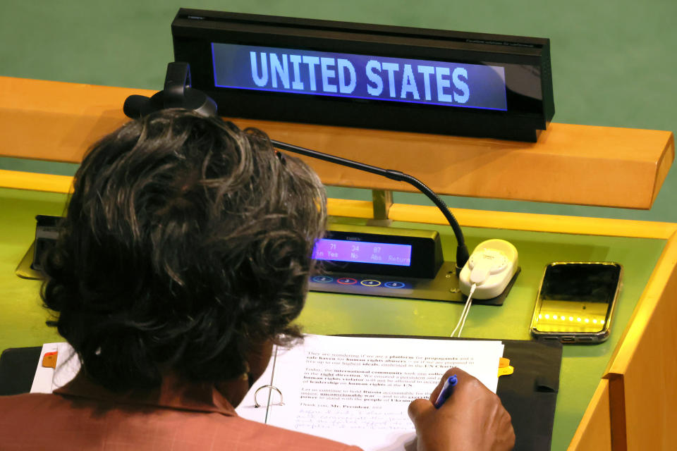 NEW YORK, NEW YORK - APRIL 07: Linda Thomas-Greenfield, United States Ambassador to the United Nations, takes notes as  Sergiy Kyslytsya, Permanent Representative of Ukraine to the United Nations, speaks as members of the United Nations General Assembly meet for a continuation of the Eleventh Emergency Special Session on the invasion of Ukraine on April 07, 2022 in New York City. The United Nations General Assembly continued its special session on the invasion of Ukraine and will vote on a draft resolution that would expel Russia from the U.N. Human Rights Council after the discovery of dozens of civilian bodies in the town of Bucha after Russian forces retreated from the town. (Photo by Michael M. Santiago/Getty Images)