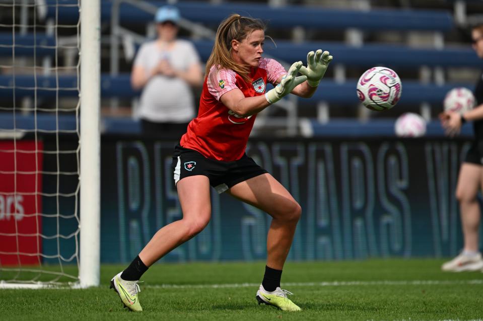 Alyssa Naeher (1) warms up for the Chicago Red Stars before an NWSL game against the Portland Thorns FC at SeatGeek Stadium. She'll lead the USWNT as goalkeeper for the 2023 World Cup this summer in Australia and New Zealand.