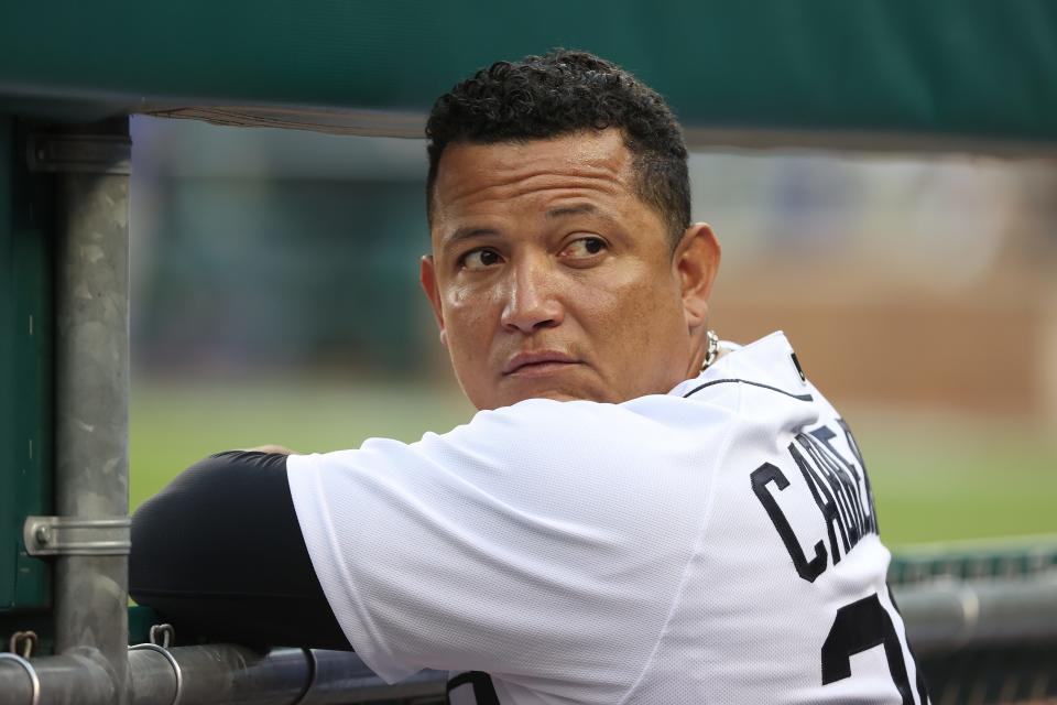 Miguel Cabrera #24 of the Detroit Tigers in the dugout during the second inning while playing the Los Angeles Angels at Comerica Park on August 27, 2021 in Detroit, Michigan.