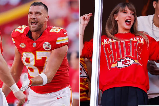 <p>David Eulitt/Getty</p> Travis Kelce, Taylor swift