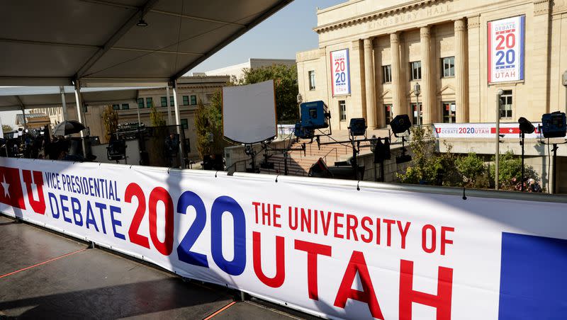Banners hang outside Kingsbury Hall at the University of Utah in Salt Lake City before the vice presidential debate on Oct. 7, 2020. The Commission on Presidential Debates said Monday it will stage a presidential debate in Utah in 2024.