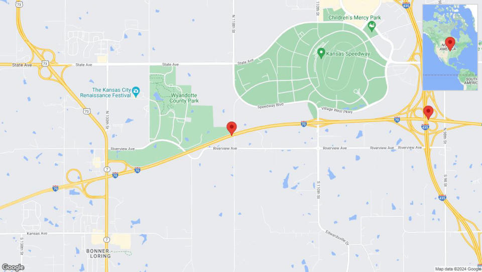 A detailed map that shows the affected road due to 'Heavy rain prompts traffic advisory on eastbound I-70 in Bonner Springs' on July 10th at 9:53 p.m.