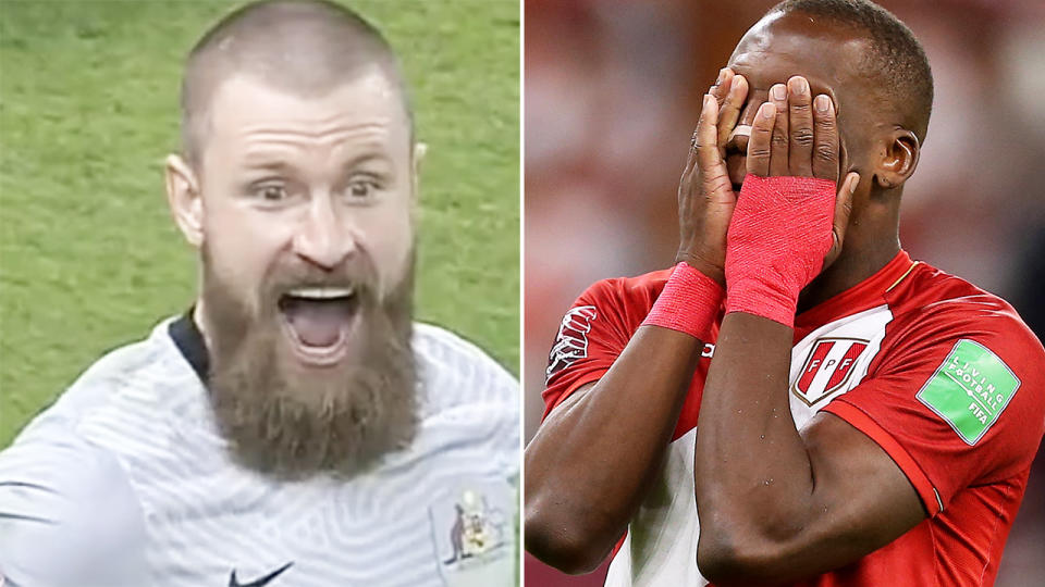 After Socceroos backup keeper Andrew Redmayne sent Australia to the World Cup, Peruvian star Luis Advíncula said he would retire from the national team immediately. Pictures: Channel 10/Getty Images