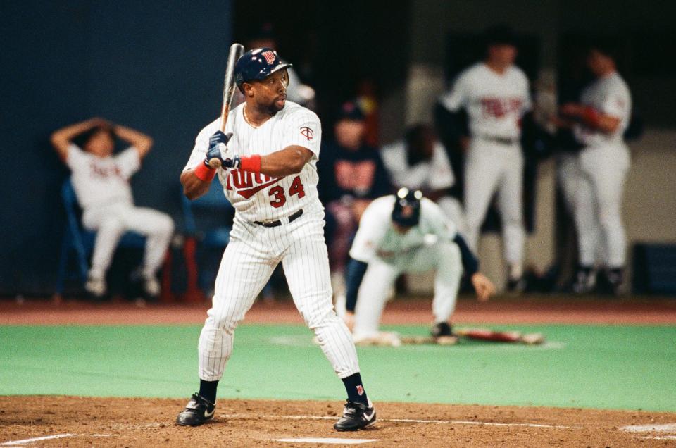 MINNEAPOLIS, MN - 1991:  Kirby Puckett of the Minnesota Twins bats during a 1991 World Series game against the Atlanta Braves at the Hubert H. Humphrey Metrodome in Minneapolis, Minnesota. (Photo by Sporting News via Getty Images via Getty Images) 