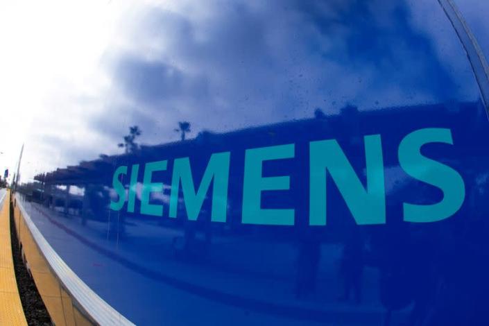 FILE PHOTO: Siemens logo is shown on a new Siemens Charger locomotive in California