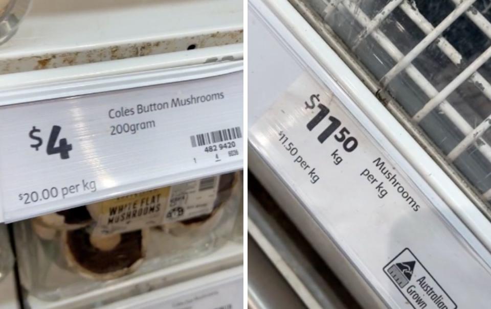 Two screenshots comparing the price of loose and pre-packed mushrooms at Coles. 