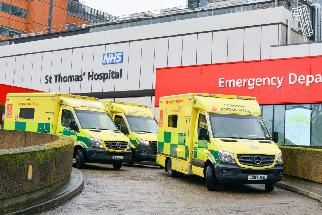 Ambulances park outside St Thomas Hospital in London. (Photo by Thomas Krych / SOPA Images/Sipa USA)