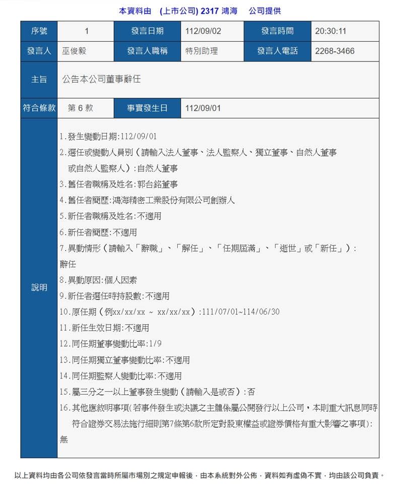 郭台銘辭任鴻海董事，集團發布重訊。翻攝公開資訊觀測站