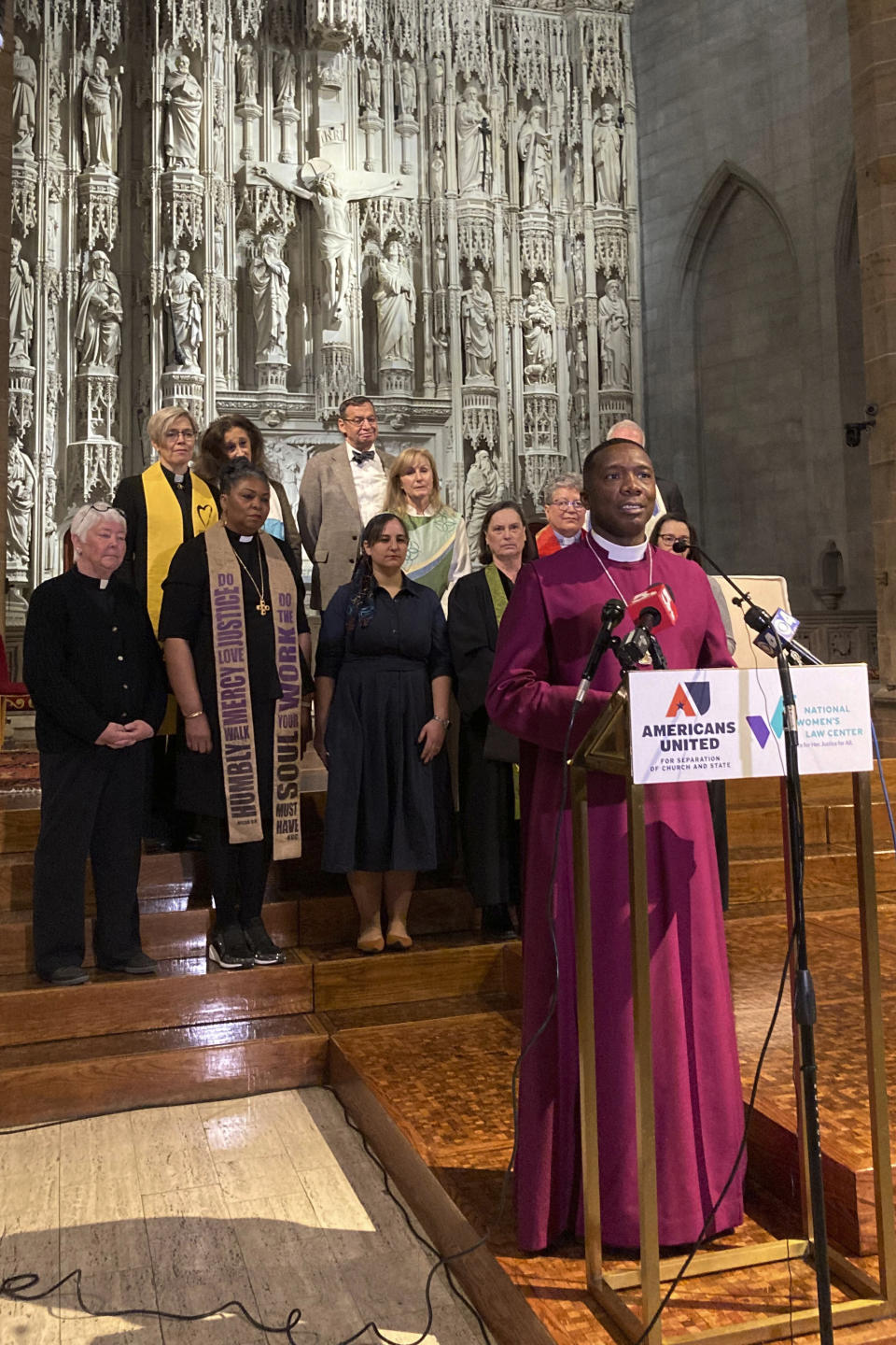 Deon Johnson, bishop of the Episcopal Diocese of Missouri speaks during a news conference on Thursday, Jan. 19, 2023, at Christ Church Cathedral in St. Louis. A group of religious leaders who support abortion rights has filed a lawsuit challenging Missouri’s law that bans abortions in nearly all cases, saying lawmakers openly invoked their religious beliefs while drafting the measure and thereby imposed those beliefs on others who don’t share them. (AP Photo/Jim Salter)