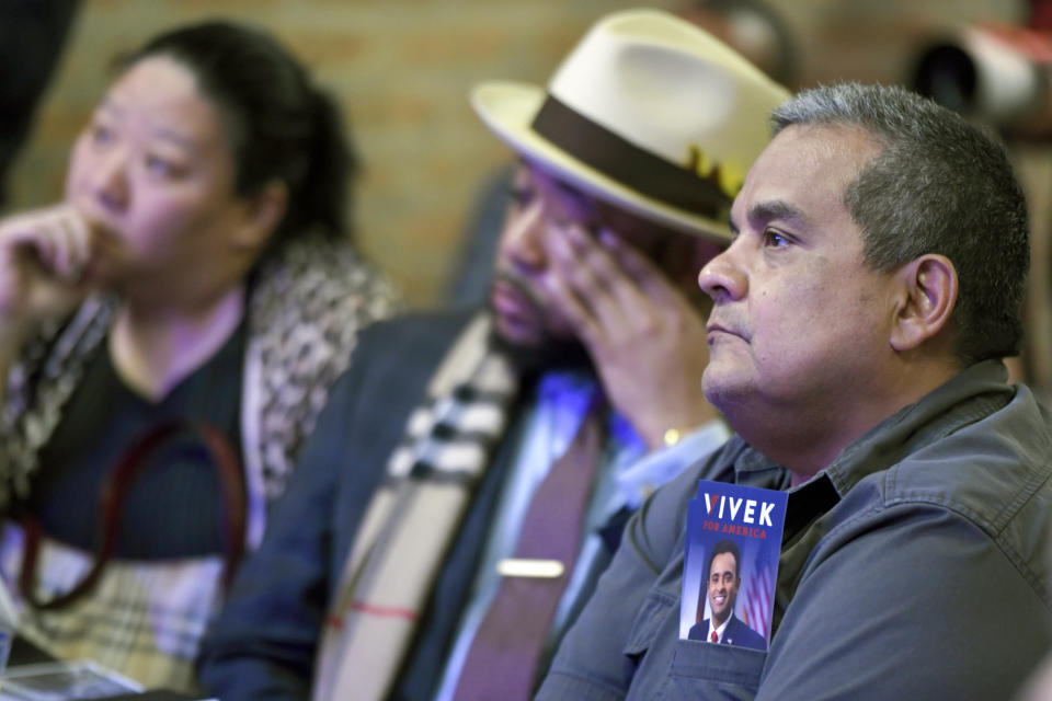 South side residents listen to Republican Presidential candidate Vivek Ramaswamy speak during a town hall meeting Friday, May 19, 2023, in Chicago. (AP Photo/Paul Beaty)