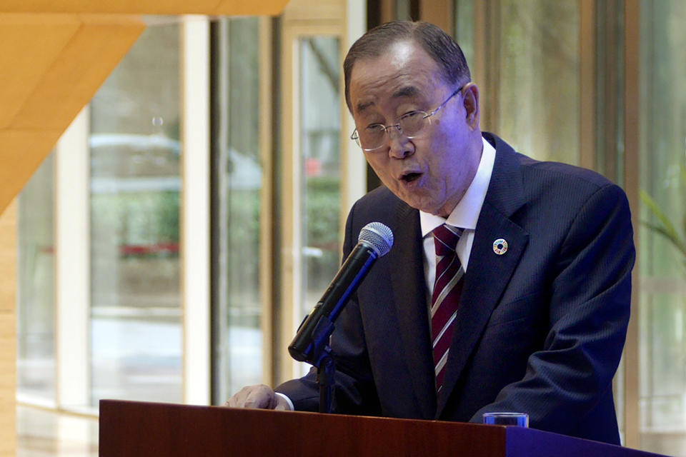 Former U.N. Secretary-General Ban Ki-moon speaks during a press conference for the release of a report on adapting to climate change in Beijing, Tuesday, Sept. 10, 2019. A group of leaders from business, politics and science called Monday for a massive investment in adapting to climate change over the next decade, arguing it would reap significant returns as countries avoid catastrophic losses and boost their economies. (AP Photo/Sam McNeil)