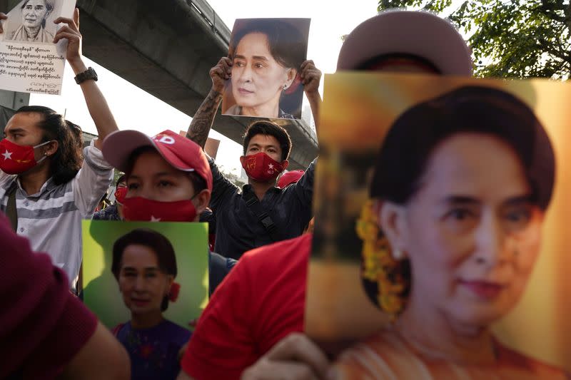 Protest in front of embassy after Myanmar's military seized power, in Bangkok