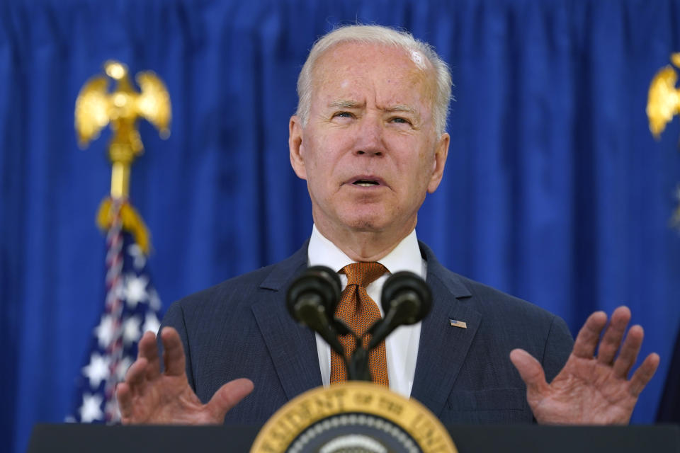 President Joe Biden talks about the May jobs report from the Rehoboth Beach Convention Center in Rehoboth Beach, Del., Friday, June 4, 2021. (AP Photo/Susan Walsh)