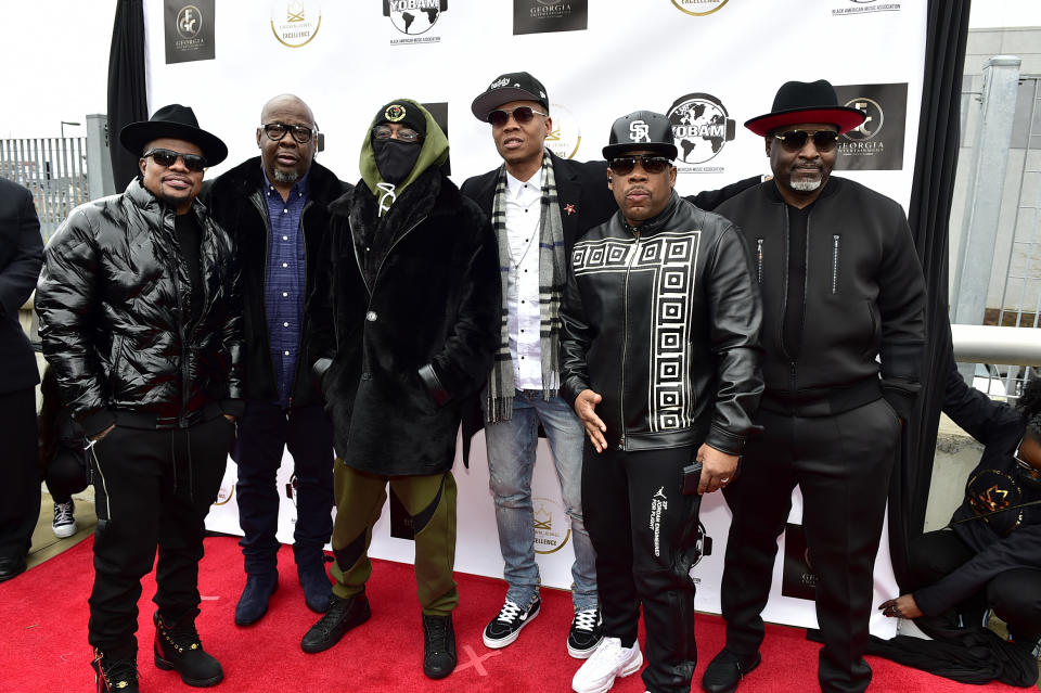 L–R: Ricky Bell, Bobby Brown, Ralph Tresvant, Ronnie DeVoe, Michael Bivins, and Johnny Gill of New Edition attend the Black Music and Entertainment Walk of Fame Crown Jewel of Excellence Induction Ceremony and Celebration Brunch on Feb. 17, 2022 in Atlanta. - Credit: Moses Robinson/Getty Images for the Black Music & Entertainment Walk Of Fame