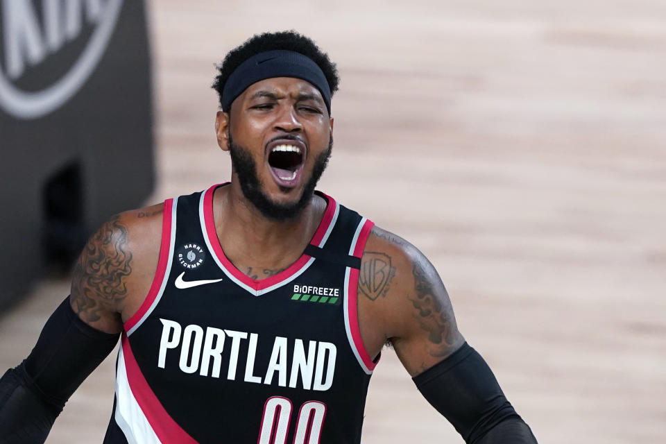 Carmelo Anthony #00 of the Portland Trail Blazers reacts during action against the Los Angeles Lakers in the first half in Game 1 of Round 1 of the NBA Playoffs.