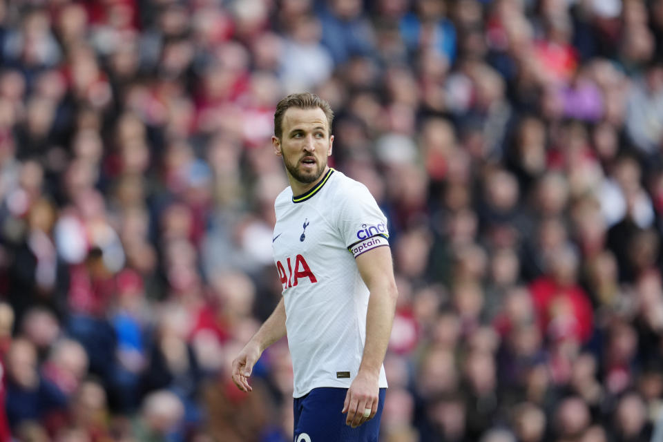 FILE - Tottenham's Harry Kane looks on during an English Premier League soccer match between Liverpool and Tottenham Hotspur at Anfield stadium in Liverpool, Sunday, April 30, 2023. Bayern Munich coach Thomas Tuchel said Friday, Aug. 11, 2023, the club is still “working hard” to sign England captain Harry Kane after reports of delays in his expected transfer from Tottenham. (AP Photo/Jon Super, File)