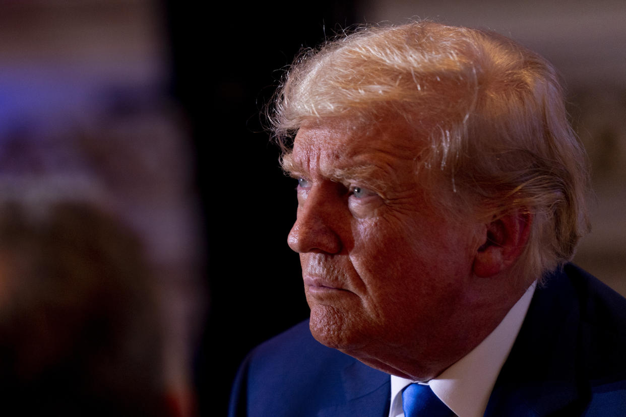 FILE - Former President Donald Trump speaks to guests at Mar-a-lago on Election Day, Tuesday, Nov. 8, 2022, in Palm Beach, Fla. The Democratic-controlled House Ways and Means Committee is expected to vote Tuesday, Dec. 20, on whether to publicly release years of Trump’s tax returns — returns that Trump has tried desperately to shield. (AP Photo/Andrew Harnik, File)