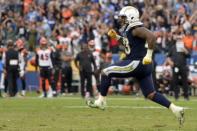 Dec 9, 2018; Carson, CA, USA; Los Angeles Chargers defensive tackle Darius Philon (93) reacst after a sack on a two point conversion attempt by Cincinnati Bengals at StubHub Center. Jake Roth-USA TODAY Sports