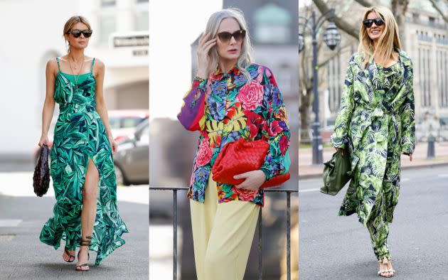 Tropical prints have appeared in influencer street style photos as well. (Photo: Getty)