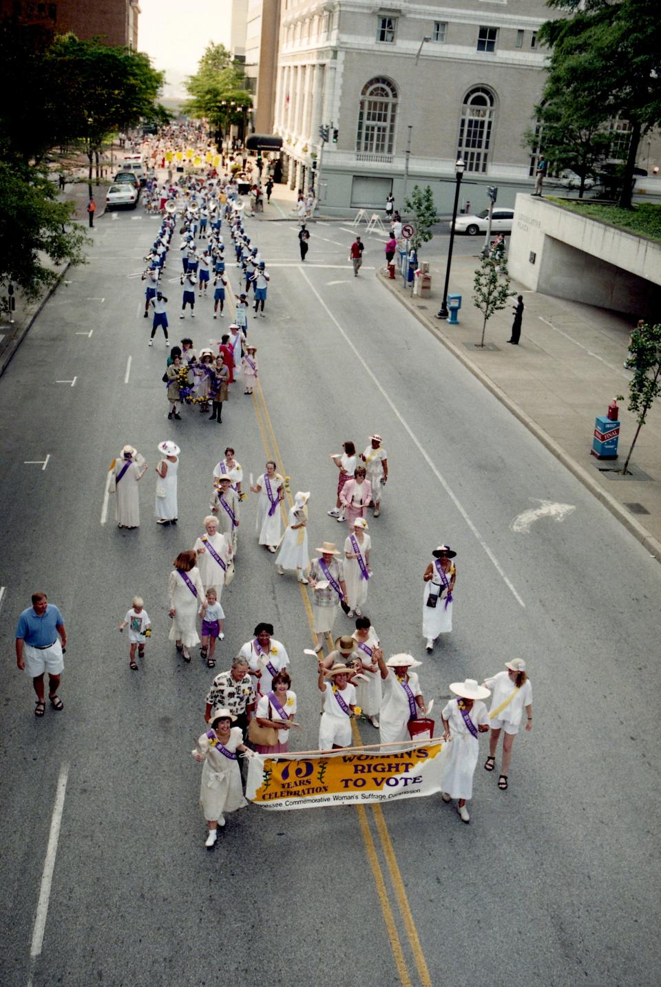 More than 500 marchers celebrate the women's suffrage movement with a reenactment of the original suffrage march in August 1920 up Sixth Avenue to Legislative Plaza on Aug. 19, 1995. Tennessee provided the 36th and final ratification needed to make the 19th Amendment part of the U.S. Constitution.