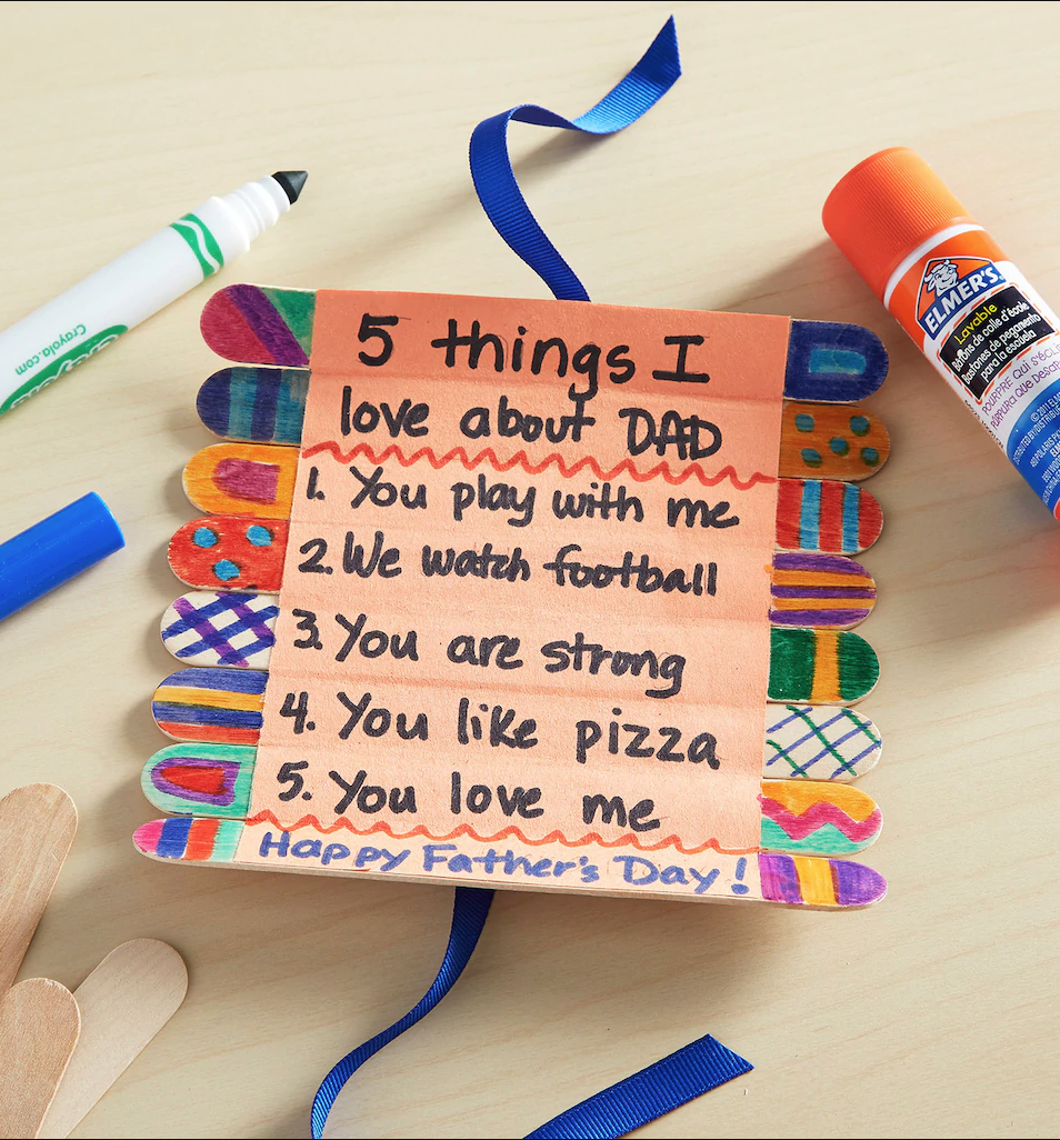 father's day crafts, roll up craft stick card with five things written kids love about dad