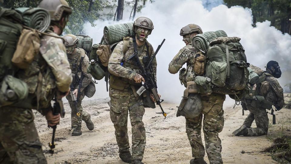 Combat Control School students assigned to the 352nd Battlefield Airman Training Squadron are ambushed at their drop-off point during a tactics field training exercise at Camp Mackall, N.C., Aug. 3, 2016. The FTX is a culmination of tactics learned in the first year of the combat control team pipeline, which entails weapons handling, team leader procedures, patrol base operations, troop leading and small unit tactics under fire in one mission. (U.S. Air Force photo/Senior Airman Ryan Conroy)