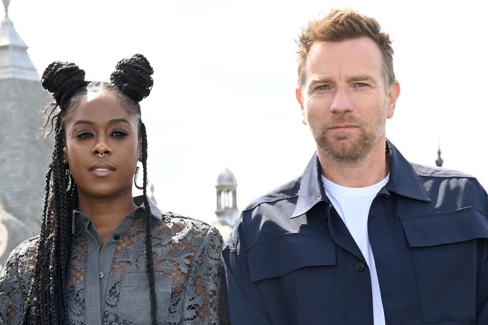 Moses Ingram and Ewan McGregor attend the "Obi-Wan Kenobi" photocall at Corinthia Hotel London on May 12, 2022 in London, England.