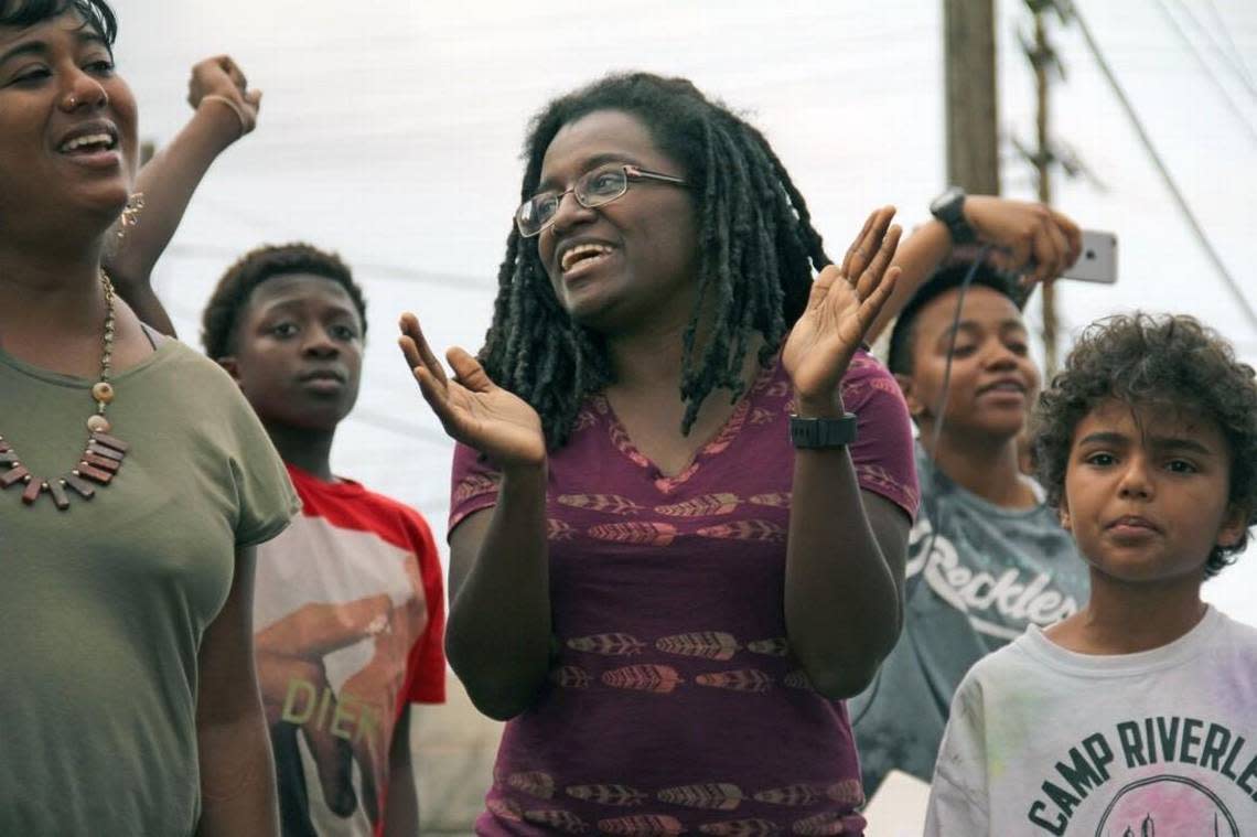 Durham City Councilwoman Jillian Johnson at a rally in 2016 against a new Durham police headquarters planned for East Main Street downtown.