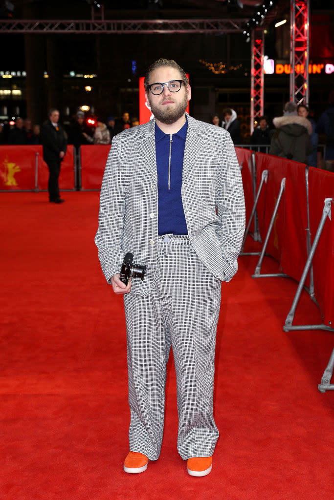 he wore a plaid suit to the "Mid 90s" premiere