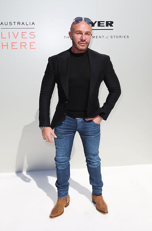 Alex Perry rocked his signature look with his sunglasses on his head and some slim-fitted jeans paired with a black blazer and shirt.