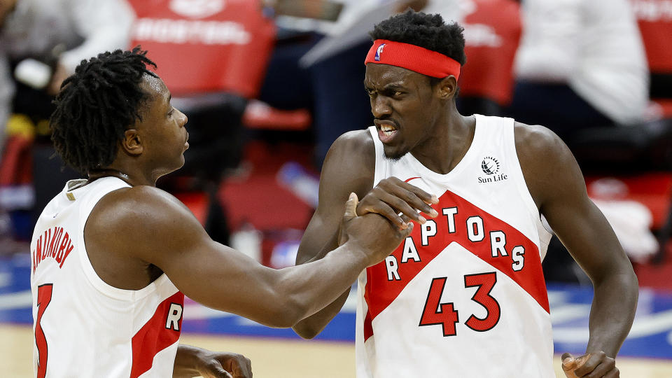 Like many players on the Raptors, OG Anunoby, left, and Pascal Siakam are known for their versatility. (Photo by Tim Nwachukwu/Getty Images)